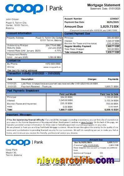Estonia Coop Pank bank mortgage statement
